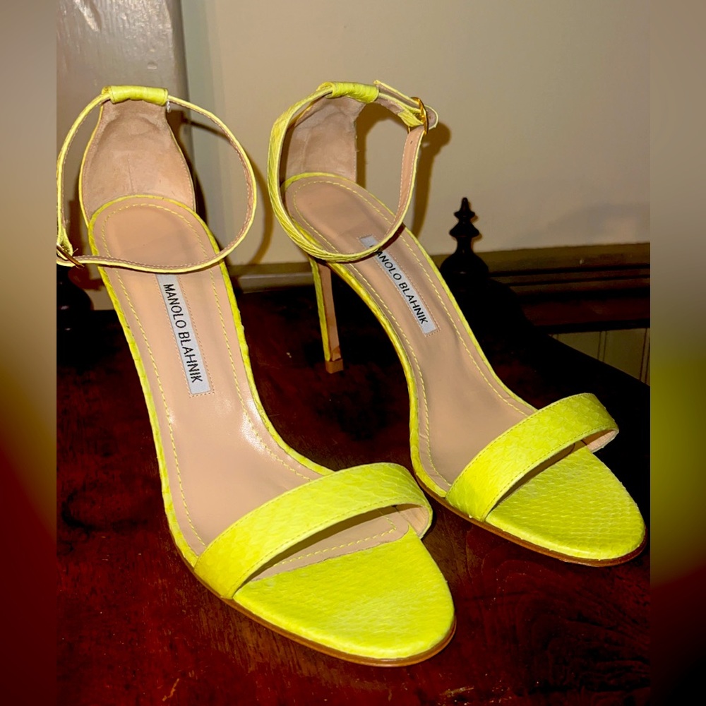 Strappy Heeled Sandals, Lime Green Manolo Blahnik